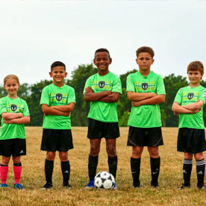 young soccer players posing for camera